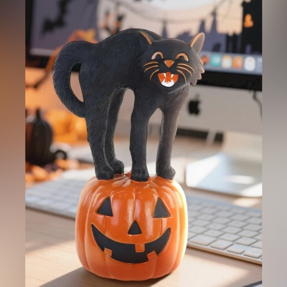 Haunted Halloween Scary Black Cat on Jack-O-Lantern Pumpkin Resin Figurine 8” - Picture 3 of 6